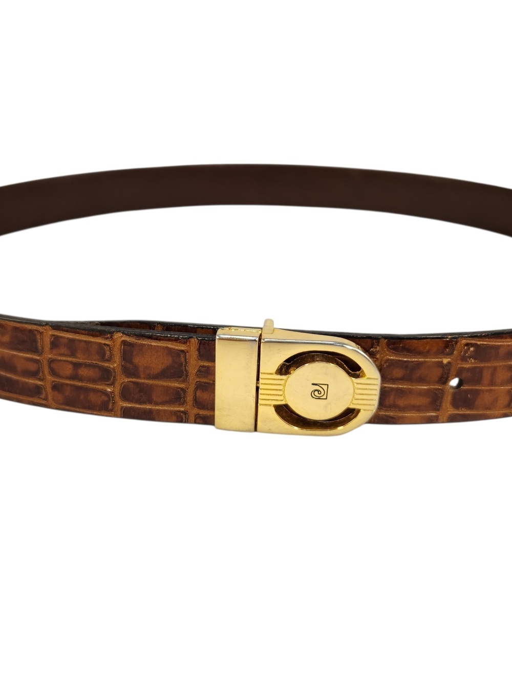 PIERRE CARDIN REVERSIBLE Brown Croc-Embossed Leather Belt with Gold Buckle